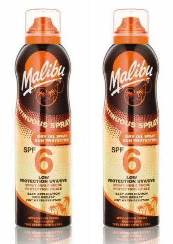 Malibu - 2 botellas de aceite de protección solar en espray, SPF6 El paquete contiene 2 botellas de 175 ml cada una