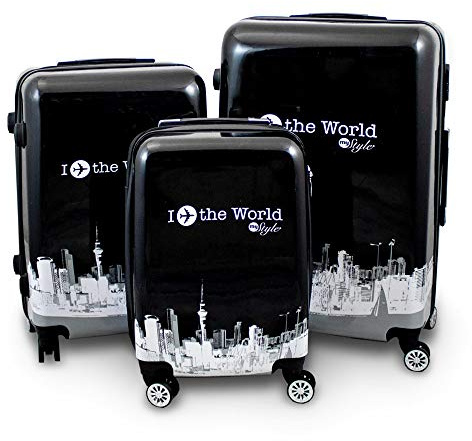Berwin® Design Koffer Reisekoffer Trolley Hartschalenkoffer Polycarbonat mit 4 Rollen als Set (Fly the World, 3er Set (M/L/XL))