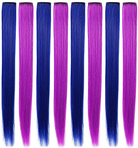 Rhyme 8 PCS Clip in Farbigen Haarverlängerungen für Mädchen Frauen Regenbogen Haarteile Perücke für Mädchen Mehrfarbige Party Hightlight Clips (Blau,Violett)