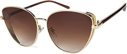styleBREAKER gafas de sol de mujer de ojos de gato con elemento brillante en las lentes, montura de metal y lentes de policarbonato, look retro 09020104, color:Montura oro/vidrio marrón gradiente
