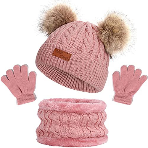 NLAND Ensemble Bonnet Écharpe Gants Enfant 3 en 1 Bonnet Hiver Enfant avec Pompon Tricoté Tour de Cou avec Doublure Gants Chaud Accessoires Hiver Set pour Fille Garçon 2-6 Ans(Rose#1,Taille Unique)