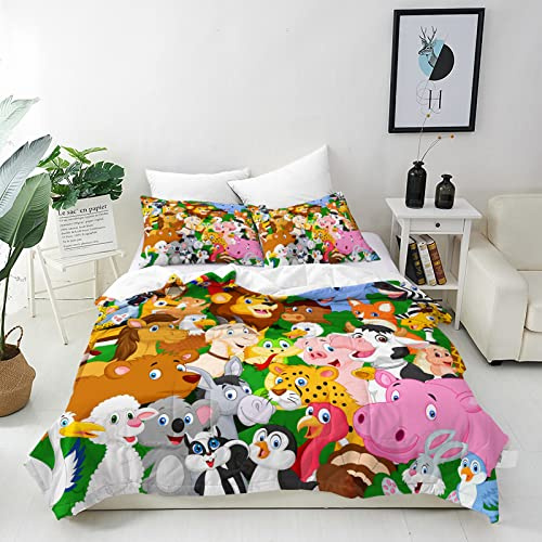 ANHOPE Cartoon Zoo Tier Bettwäsche Set 3 Teilig Bettbezug 135x200 cm + 2 Kissenbezug 50x70 cm Weich Microfaser Bettbezüge mit Reißverschluss Bettdeckenbezug Set für Kinder Jungen Mädchen