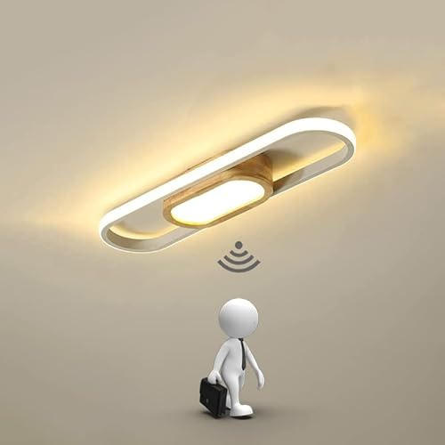 LED Holz Deckenlampe mit Bewegungsmelder Innen Sensorlampe Modern Deckenleuchte mit Sensor Flurlampe mit Tageslichtsensor Deckenbeleuchtung für Flur Schlafzimmer Korridor Balkon Treppe Veranda (50cm)