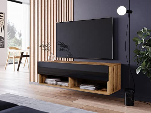 PIASKI Mueble de TV 100 cm LOWBOARD A, iluminación LED Opcional, Mueble de televisión, Mueble de televisor pequeño,Distintos Colores (Wotan/Negro Brillo)