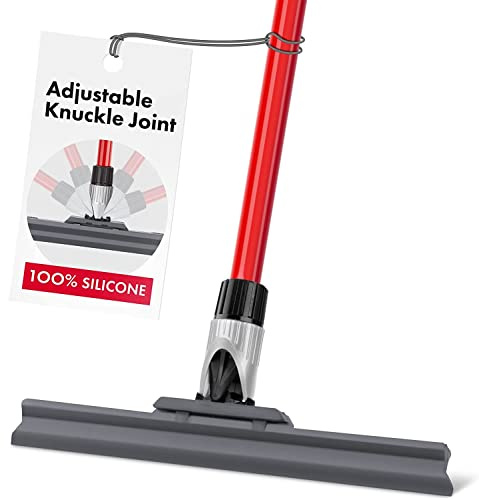 Silicone Floor Squeegee by RAVMAG - Lightweight with 12 Inch Blade & 55 Inch Long 4PC Handle with Adjustable Knuckle Joint for Garage/Concrete/Tile Floors, Shower Glass Doors/Wall, Windshield & Window