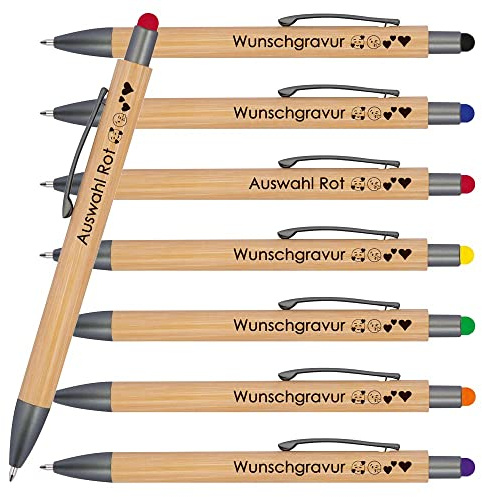 Juwelier Schönschmied 50 Stück Holzkugelschreiber mit Touchfunktion inkl. Gravur | Wunschgravur mit Emojis | Kugelschreiber mit Gravur | Werbekugelschreiber personalisisert (Rot)