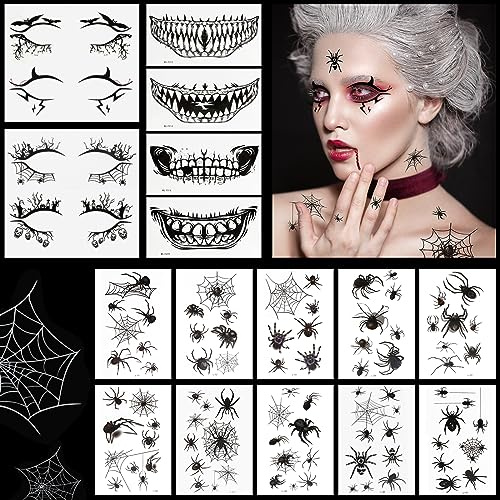 Kiiwah Halloween Streich Make-up temporäre Tattoos – Mund Gesicht Tattoo Aufkleber, Spinne Tattoos, Narben Eyeliner für Erwachsene & Kinder, 18 Stück