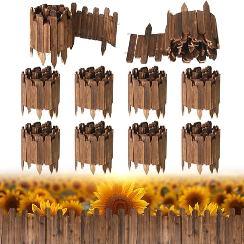 Soaoo 4 Pack Wood Garden Edging Border Outdoor Flexible Landscape Border Fence Decorative Lawn Edging with Gloves for Flower Bed Pathway Garden Yard (Dark Brown)