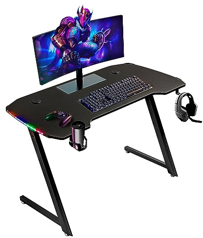 Baroni Home Scrivania Gaming per Computer Ergonomica con Supporto e Gancio Cuffie e Porta Bicchiere, Tavolo da Gioco in MDF e Acciaio, con LED Multicolore,120x60 cm