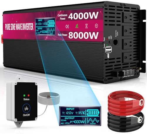 Pure Sine Wave Power Inverters 4000W 12V DC to AC 110V 120V Peak 8000W with Remote Control 4 Outlets,Dual USB Port,LED Display Terminal Blocks for Inverter Truck RV Car Solar System