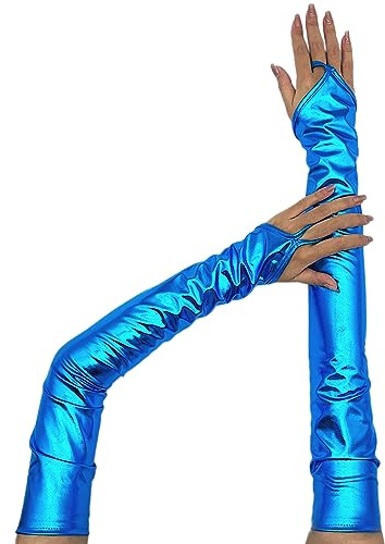 Lackleder Lange 55cm Handschuhe Fingerlos Damen Sexy Beschichtete Hakenfingerhandschuhe Abendhandschuhe für Hochzeit Abschlussball Teeparty Kleidungs Zubehör, Blau