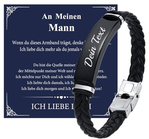 Ich Liebe Dich Geschenke für Männer - Schwarz Leder Armband mit Gravur für Mann Ihn Ehemann Freund, Herren Lederarmband Personalisierte Liebesgeschenke für Männer Valentinstag Geburtstag Jahrestag