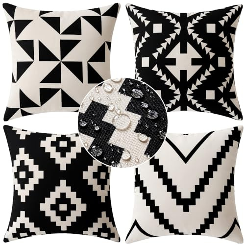 MIULEE Waterproof Outdoor Cushion Covers 45x45cm Black 4 Pack Soft Polyester Stain Resistant Easy Clean for Sofa Chair Balcony Living Room Patio Garden Decorative Throw Pillow Cases 18x18inch