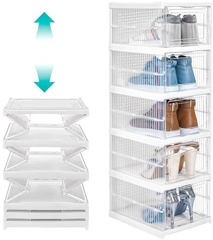 Winter Shore Faltbares Schuhregal mit 5 Ebenen - Schuhorganizer Platzsparend & Zusammenklappbar mit Türen - Transparente Schuhboxen Stapelbar für High Heels, Turnschuhe & Sneakers - Einfacher Aufbau