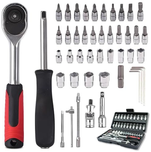 STARLUXE® - Jeu de cliquet 46 pièces avec petit cliquet - Jeu de clés à douille - Boîte à outils atelier mécanique - Mallette outils noire.