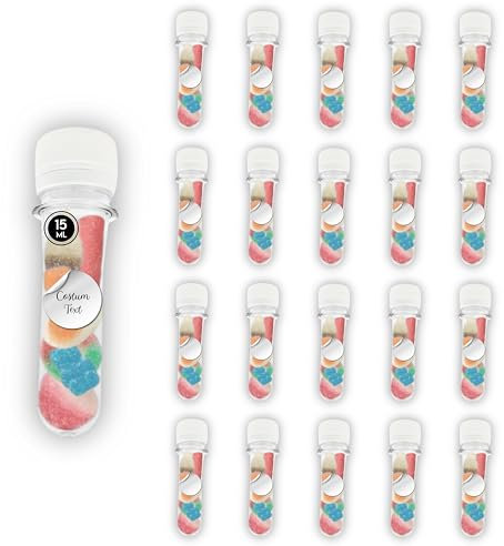 20 Reagenzgläser aus PET-Kunststoff, transparent, 15 ml, mit Deckel, Süßigkeiten und Etikett personalisierbar – Labor, Kunststoffröhrchen, Phiole, Sensorieflaschen – Partys, Blumen, Gewürze