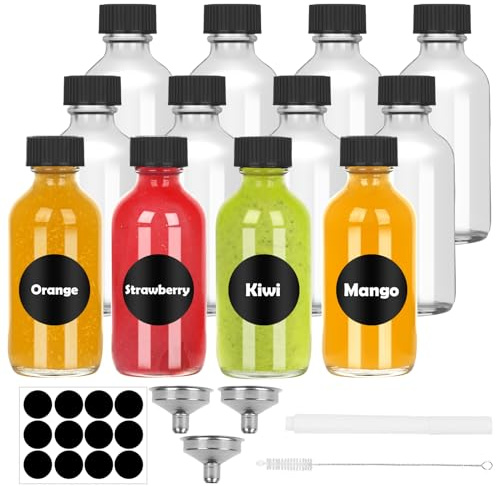 VORHOT Shot Bottles for Filling - 12 x 60 ml Mini Glass Bottles - Small Bottles for Filling with Juice, Liqueur & Ginger - Shot Glasses with Lid, Cleaning Brush, Pen, Funnel & 12 Labels