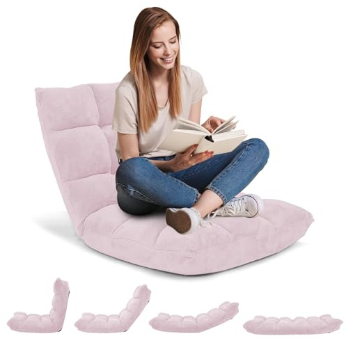 RELAX4LIFE Bodenstuhl Klappbar, Bodensessel mit Verstellbarer Rückenlehne & Liegefunktion, Bodensitz gepolstert, Meditationsstuhl faltbar, Floor Chair für Freizeit, Meditation, Yoga (Hellrosa)
