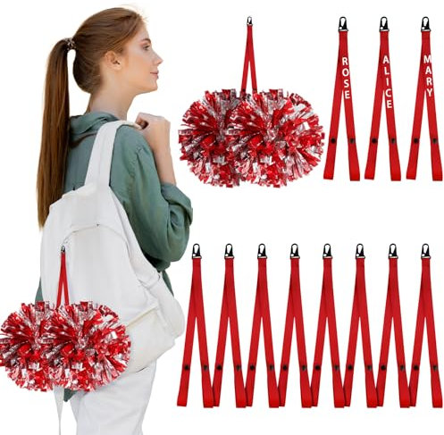 Ribbonlic 12 Stück personalisierte rote Pompon-Halter für Cheerleader-Zubehör für Cheerleader, verstellbare Rucksackgurte, Cheerleader-Cheerleader-Geschenke für Mädchen, keine Pompons