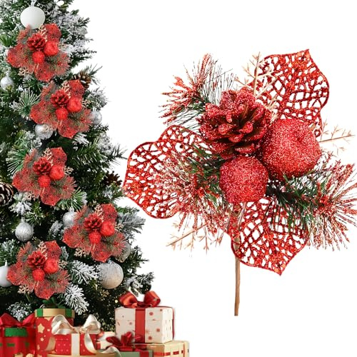 ZoneYan Künstliche Beeren, 4 Stück Künstliche Tannenzweige, Weihnachtsstecklinge mit Beeren und Tannenzapfen, Weihnachtsbeerenstiele, perfekt für Weihnachtsbäume, Geschenkboxen und Kranzdesigns