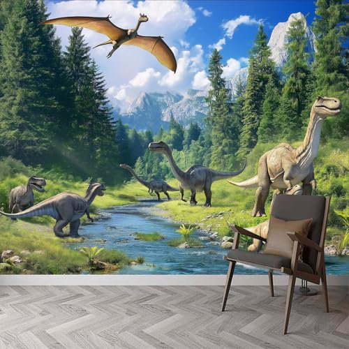 Fototapeten Tierfotografie Dinosaurier Grasland Wandtapete B200 x H140 cm, Tierfotografie Vliestapete Wandbilder Tapete 3D Effekt für Wohnzimmer Schlafzimmer Kinderzimmer Wanddekoration Kindertapete