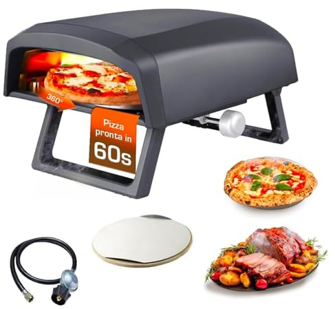 Avilia Forno Pizza a Gas con Piatto Rotante 360 Gradi 64x44x31,5cm - in Acciaio Inox Resistente con Doppio Bruciatore 4000W con Gambe richiudibili e Regolatore a gas di 1 metro