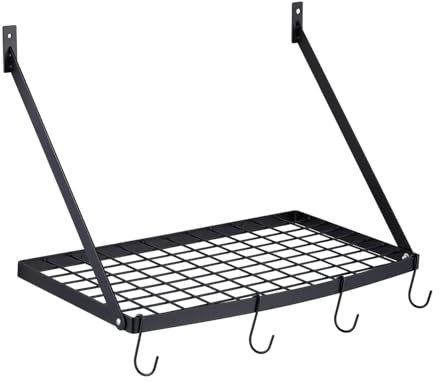 Miyili 24-Inch Kitchen Pot Rack, Matte Black Hanging Rack for Kitchen Storage Organization, Wall Mounted Cookware Hanger Shelves with 10 Hooks