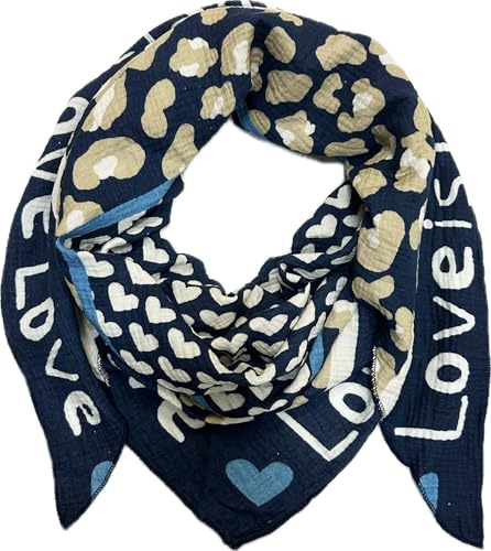 XL Dreieck Strickschal Herz Leopard Frühling Schal 100% Baumwolle Made in Italy Fashion Tuch Dreieckschal Stola Herbst Frühling Tuch Leo Love is Love Happy
