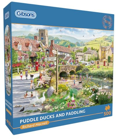 Gibsons Puddle Ducks & Paddling 500 Piece Jigsaw Puzzle for Adults – Village Countryside Scene by Richard Macneil – Peaceful British Artwork – Premium Sustainable Puzzle Made in the UK/EU