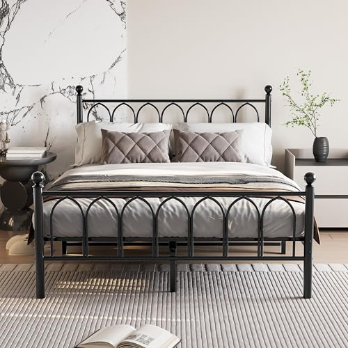 JELUTE Marco de cama de metal con cabecero y pie de cama, base robusta, soporte de láminas de metal (negro, 140 x 190 cm)