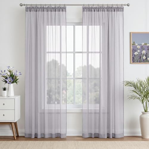 EMEMA Gardinen Vorhänge mit Kräuselband 2er H225xB140cm Hellgrau Vorhang | Transparente Gardine Vorhänge mit Kräuselband aus Einfarbig Transparent Voile Wohnzimmer Luftig Dekoschal für Schlafzimmer