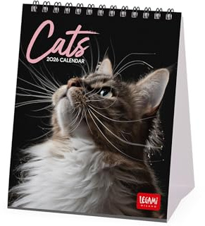 Legami - Calendrier de Bureau 2026, Cats, 12 Mois et Calendrier Annuel, en 6 Langues, Signes du Zodiaque, Fêtes Internationales, 12 X 14,5 Cm.