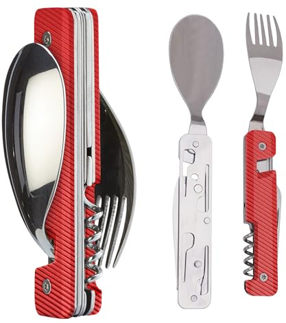 Akinod 6-in-1 Camping Cutlery Set, Multifunctional Stainless Steel Knife | Fork, Spoon with Corkscrew, Can & Bottle Opener, Compact Gadget for Camping Essentials