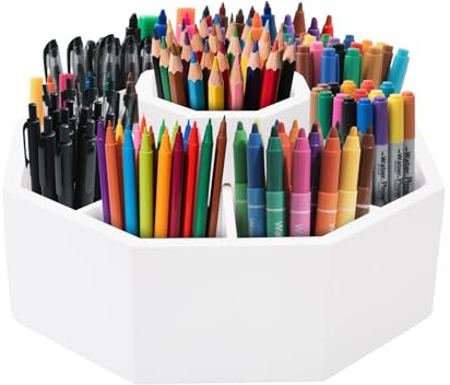 Youyijia Rotierender Künstlerbedarfs-Organizer aus Bambus 360° drehbarer Schreibtisch-Organizer mit 8 Fächern bietet Platz für über 300 Bleistifte Kugelschreiber Marker Pinsel Aufbewahrung (Weiß)