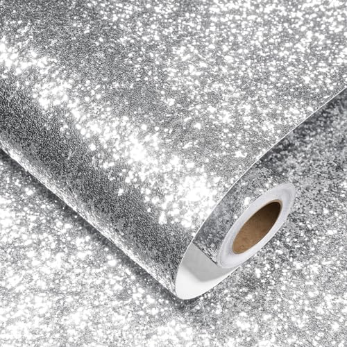 Decotalk Glitzer Tapete Silber Wandtapete Selbstklebend Möbelfolie 40X300cm Glitzerfolie Klebefolie Möbel Wand Tapeten Wohnzimmer Tapete Modern Dekofolie Selbstklebend für Tisch Schrank Kinderzimmer