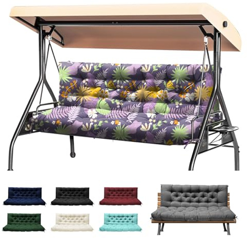 2-3 Seater Thick Garden Bench Cushion, Waterproof Patio Swing Cushion with Backrest, Outdoor Sun Lounger Sofa Swing Hammock Porch Pad Mat with Ties Straps for Furniture(Purple Floral Leaf,152x102cm)