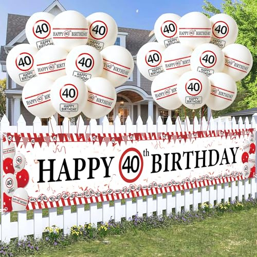 Tasoraor Deko 40 Geburtstag Frauen Männe - Große Happy 40 Birthday Banner und Rot Weiße Luftballons, Lustige Verkehrsschild Design Partyzubehör für 40 Jahre Geburtstagsdeko
