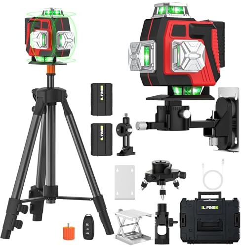 Kreuzlinienlaser mit Stativ, Grüner Laserstrahl 4 x 360°, Laser Level 4D 16Linien,Kreuzlinienlaser mit Selbstnivellierend, Baulaser,Laser Nivelliergerät mit 2 Akkus für Verlegung Bodenfliesen (B)