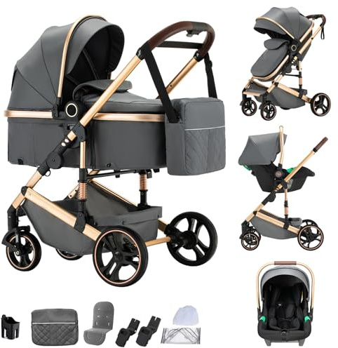 Shineey kinderwagen 3 in 1 Buggy Babybett Komplett Set Einem Klick Zusammenklappbarer Kinderwagen, 3 in 1 KombiKinderwagen Aluminiumrahmen für Neugeborene (H9-DARK GREY, H9)