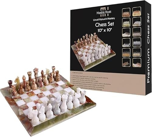 Handgjorda schackset i marmor – lyxigt handgjort schackset i marmor – elegant (25 x 25 cm) – schackset för vuxna – schackbräden av högsta kvalitet – fina schackbräden (onyxgrön och vit)