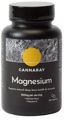 CANNARAY Magnesium Capsules 300mg with Added Valerian Root and Vitamin D. Supports Natural Sleep and Immunity