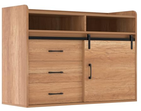 HOMAVO HG1 Buffet Meuble d'Appoint avec Portes Coulissantes, Tiroirs et Étagères, Blanc/Brun Vintage/Naturel, 140x80x40 cm et 107x80x40 cm (Naturel-107cm)