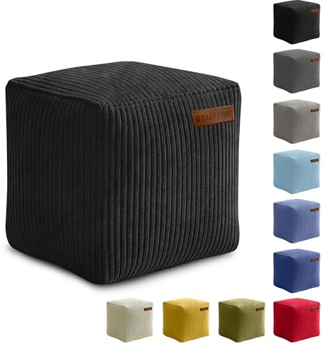 Green Bean Indoor Cord Sitzhocker Pouf Cube 40x40x40cm mit EPS-Perlen Füllung - kuschelig weich waschbar - die ideale Ergänzung zum Sitzsack für Kinder & Erwachsene - Schwarz