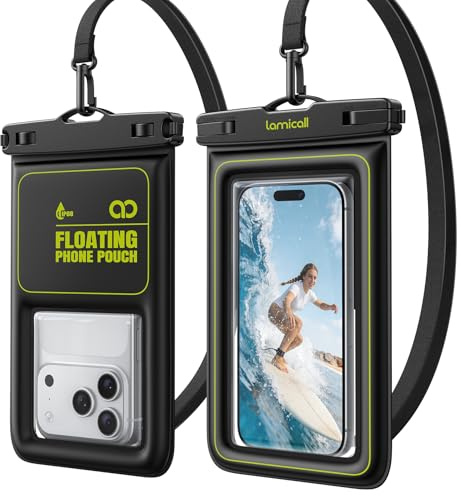 Lamicall Funda Impermeable Móvil Flotante - [Alta flotabilidad] 2 Unidades IP68 Bolsa Estanca Móvil con Cordón Ajustable, Funda Subacuática Teléfono para iPhone 17 16 15 14, Samsung, hasta 7,5