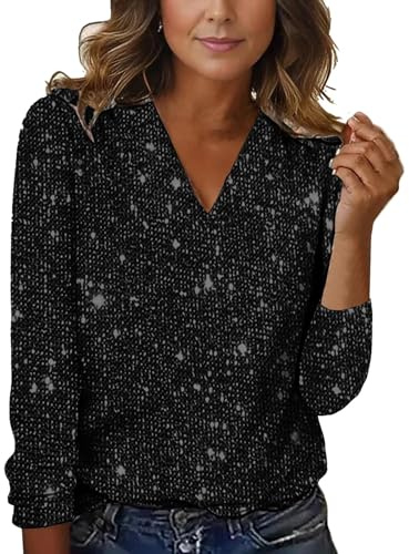 Blusas de Mujer Elegantes Camiseta Lentejuelas Mujer Fiesta Elegante Camisetas TúNica de Lentejuelas Negro Sexy Larga Manga Plateada Top Parte Superior