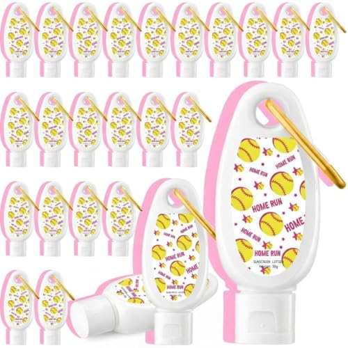 Leelosp 24 Pcs Softball Team Gift Bulk Mini Sunscreen Travel Size 1oz Sport Party Favor Sunscreen Keychain with Clip Spf 30 Fragrance Free Broad Spectrum Softball Accessories for Girl