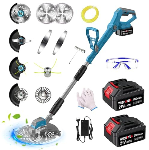 Débroussailleuse avec batterie 2 x 3,0 Ah et brosse anti-mauvaises herbes, batterie 4 en 1 et 4 types de lames, coupe-bordures à piles pour tondre le jardin (bleu)