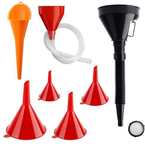 7-teiliges Einfülltrichter-Set Flexibles Kunststoff Trichter-Set Auto | Vielseitiger Benzin- & Kraftstofftrichter mit abnehmbarem Schlauch, Sieb und breiter Öffnung für Gas, Öl und Kühlmittel