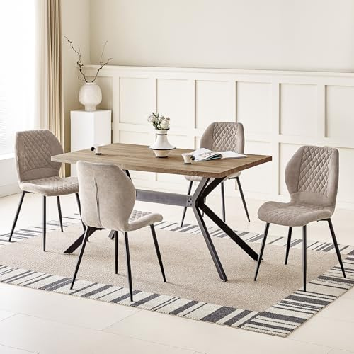 JIJIAN Essgruppen mit Dunkelbraun Holz Esstisch und 4 Brauner Stühle | Rechteckiger Esstisch in 140 x 80 x 76 cm mit 4 Ergonomischer Design Leinen Esszimmerstühle, für Esszimmer, Küche, Wohnzimmer