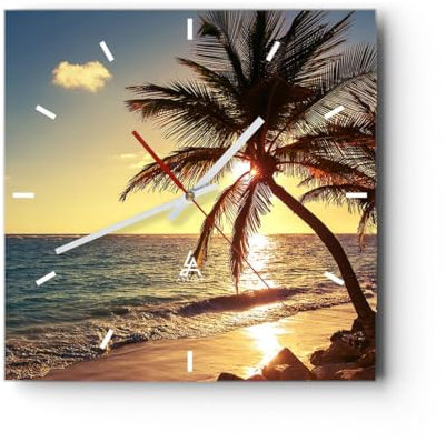 Modern Wanduhr Wolke exotischer Palm- Landschaft 30x30cm Quadrat Klein Wand Uhr Glas Analog Zimmeruhren Küche Büro Wohnzimmer Glasuhr Wall Clock Dekoration Design Küchenuhr C3AC30x30-3180